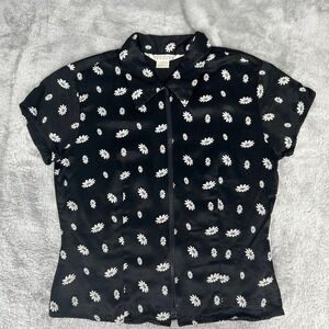 Y2K EXPRESS Black Satin Daisy Print Short Sleeve Zip Collar Top S Whimsigoth